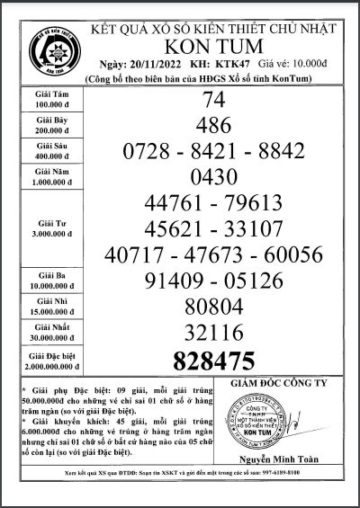 Biên bản kết quả xổ số Kon Tum hôm nay 20/11/2022