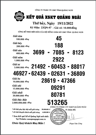 Biên bản kết quả xổ số Quảng Ngãi hôm nay 19/11/2022